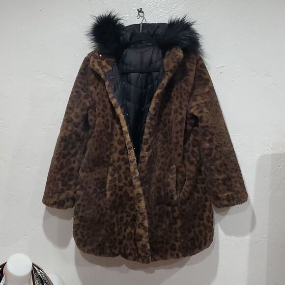 Reversible Dennis Basso Coat - Black Puffer & Faux Fur Leapord Print Size XXS - Picture 13 of 16